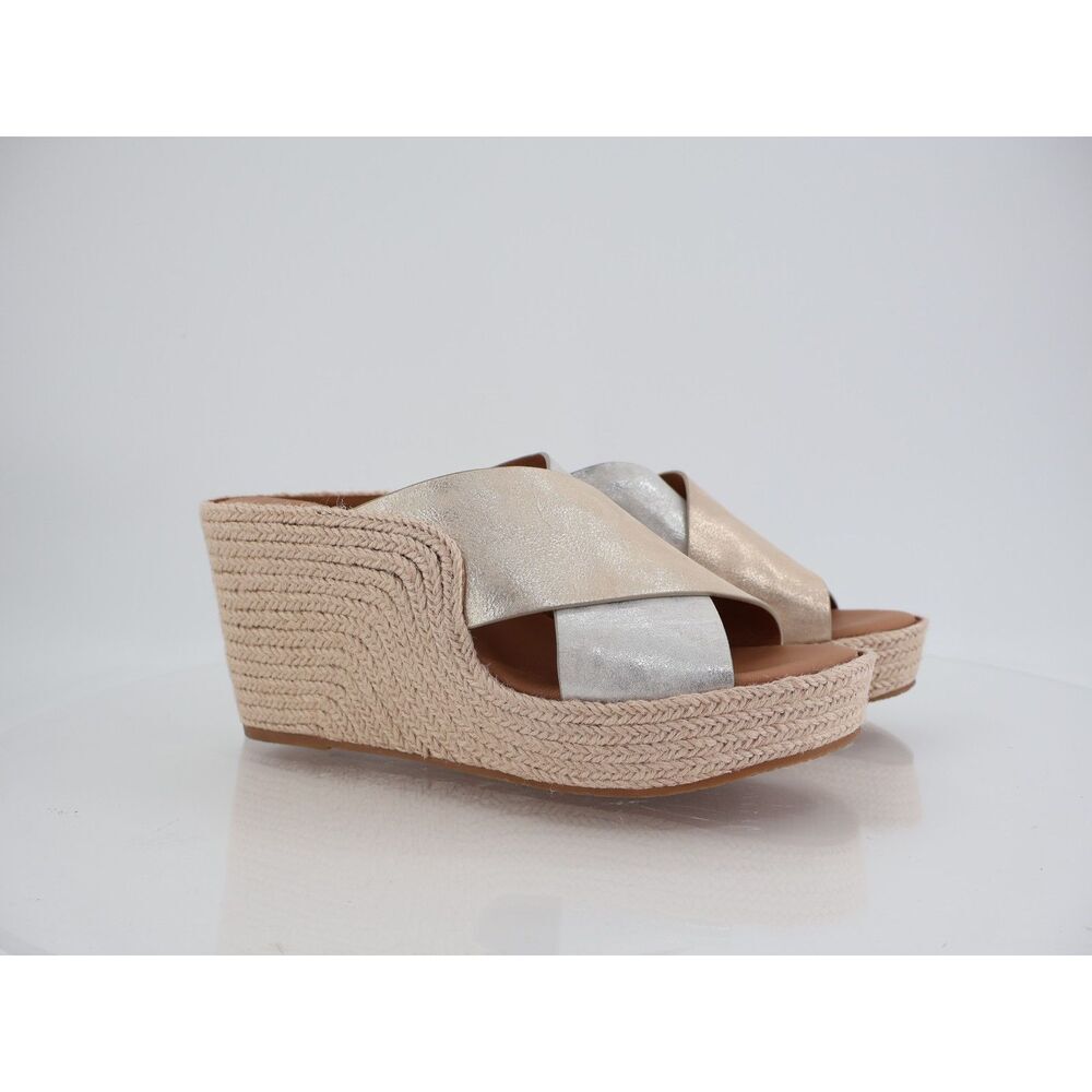 Gentle Souls Porto Slide Sandal Wedge Leather Silver Gold Leather Size 9.5